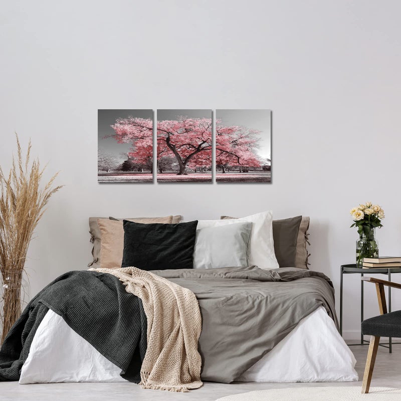 Visual Art Decor Pink Tree Canvas Wall Art Pink and Grey Room Decor Cherry Blossom Wall Art Modern Art Framed Ready to Hang Living Room Wall Decor 12x16inchx3 Piece - Image 3